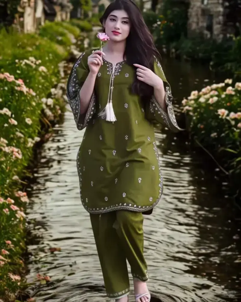 Mehendi Emerald Glow | Premium Muslin Cotton Kurti Set